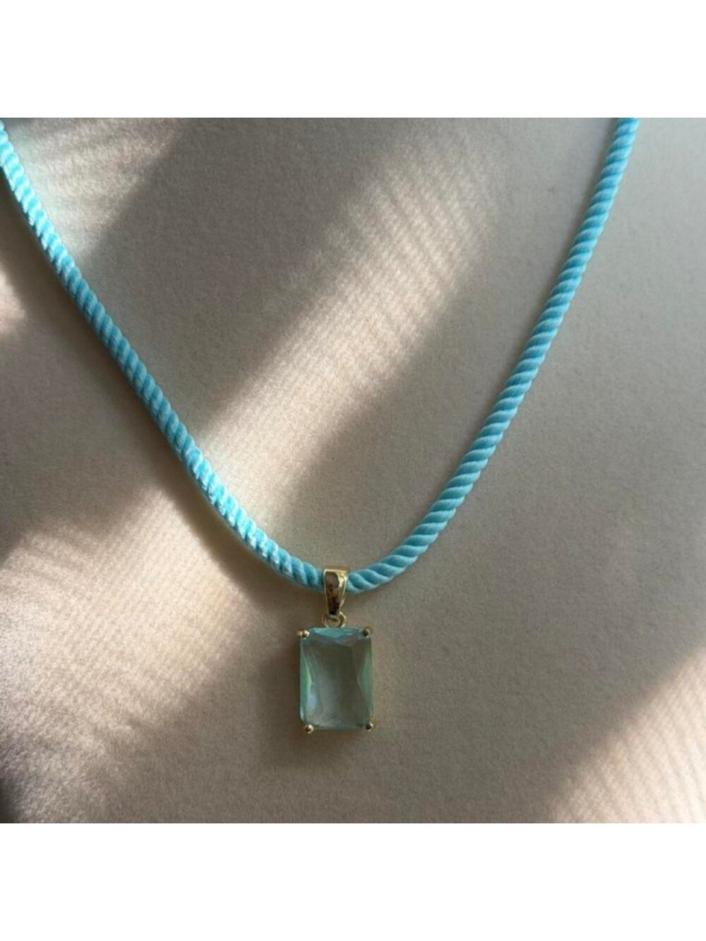 Adina Eden Aqua Rope Necklace with Emerald-Cut Pendant